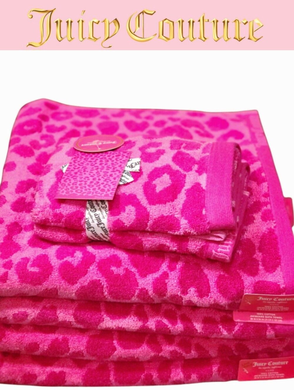 Juicy Couture Home Hot Pink Leopard Print 100% Cotton Jacquard Bath/Hand Towels